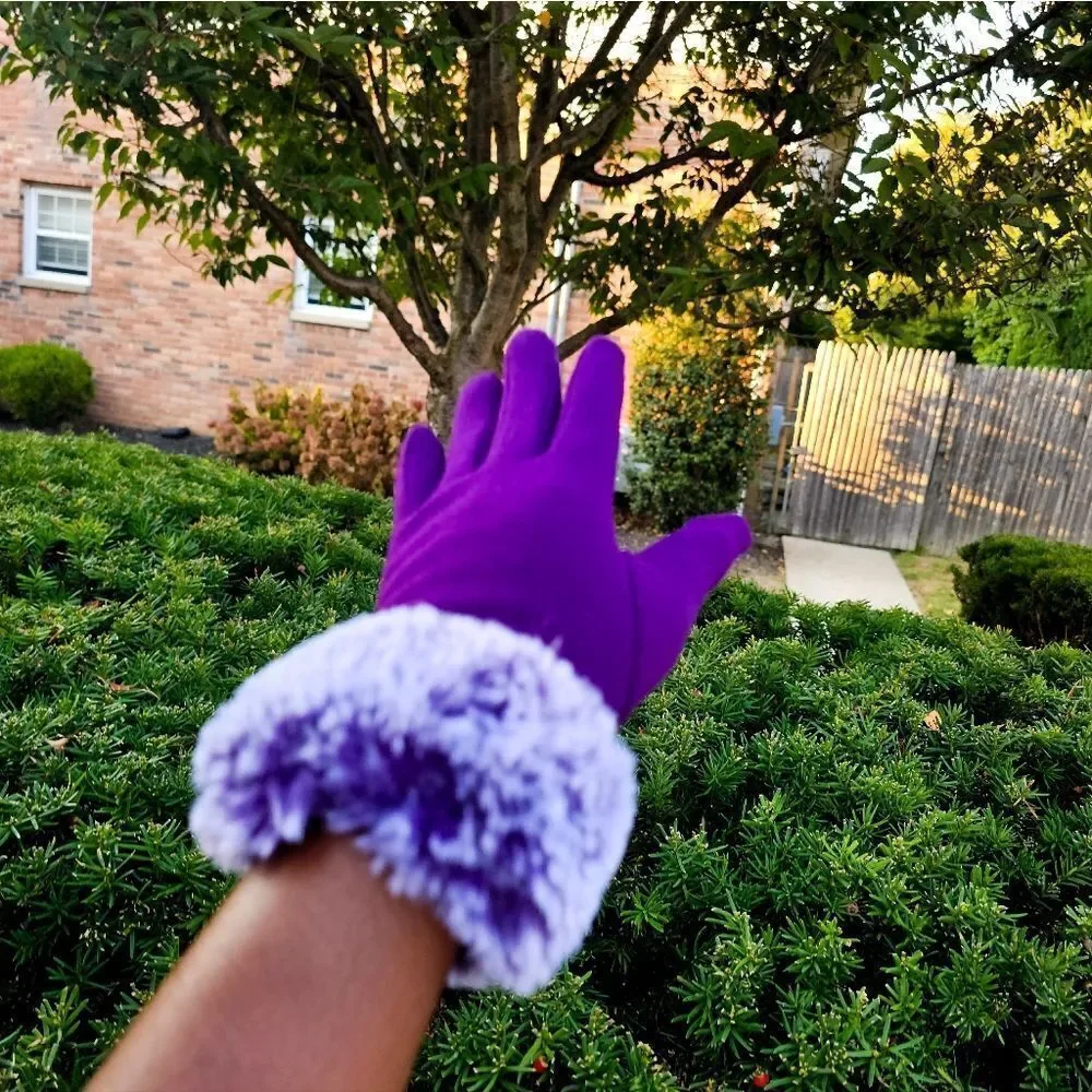 Purple Faux Fur Trim Text Capability Statement Gloves.